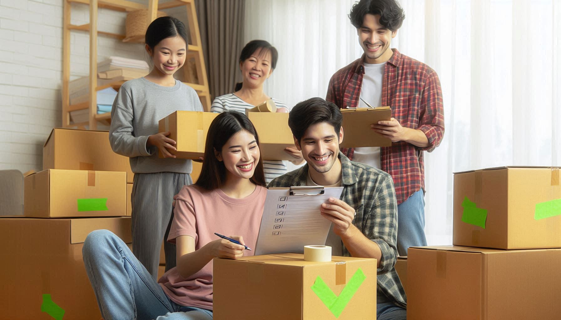 happy family using moving day checklist while packing boxes for a stress-free shift