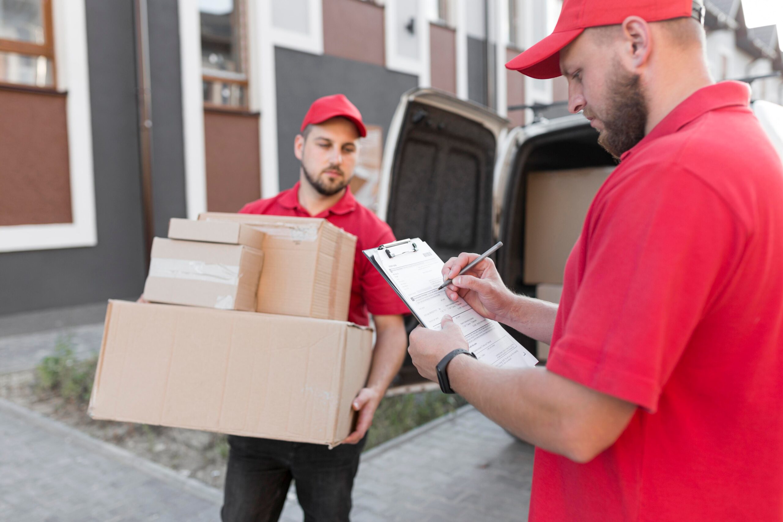 movers checking moving day checklist while unloading boxes from delivery van