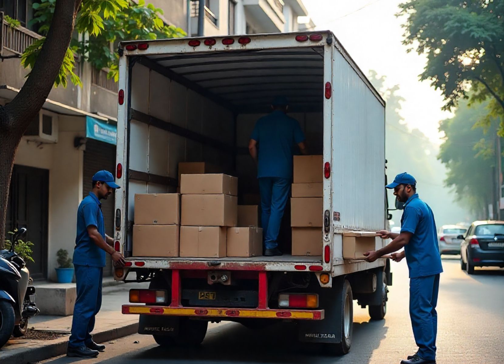 "Movers in Kolkata unloading boxes and furniture from a moving truck, providing secure door-to-door relocation service."
