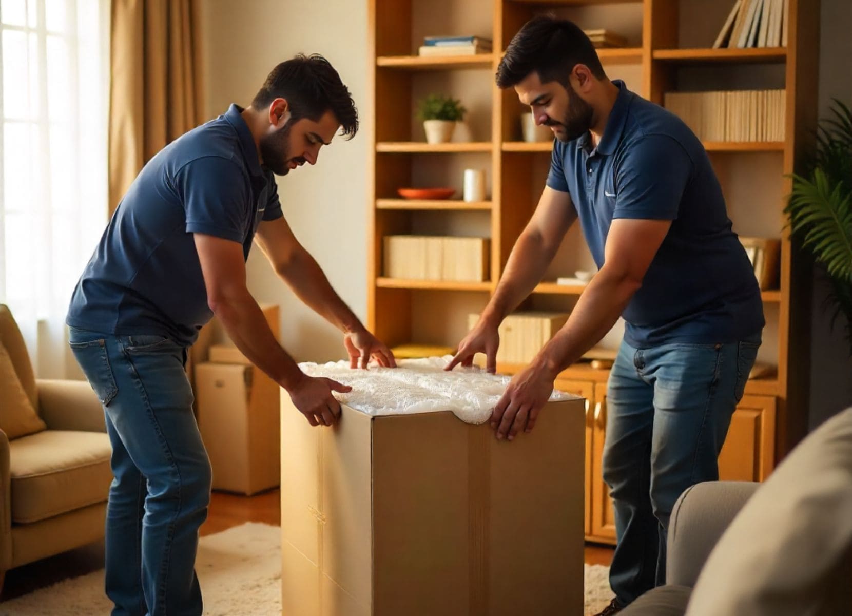 "Packers and movers in Kolkata carefully packing household items with bubble wrap, cartons, and protective covers for safe relocation."