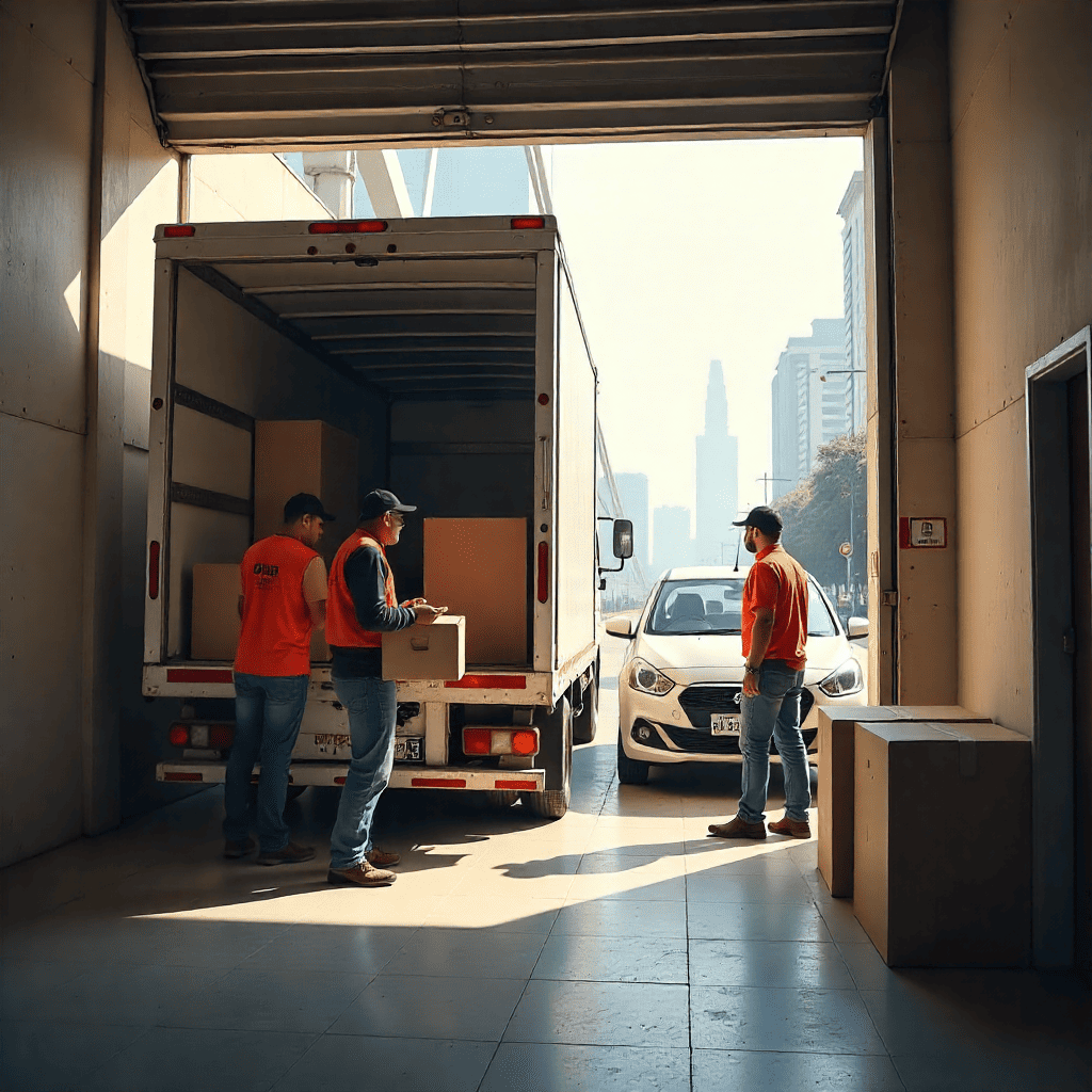 Professional packers and movers in Kolkata loading cardboard boxes into a moving truck, preparing for a relocation for banglore with organized packing and teamwork in a modern city setting.