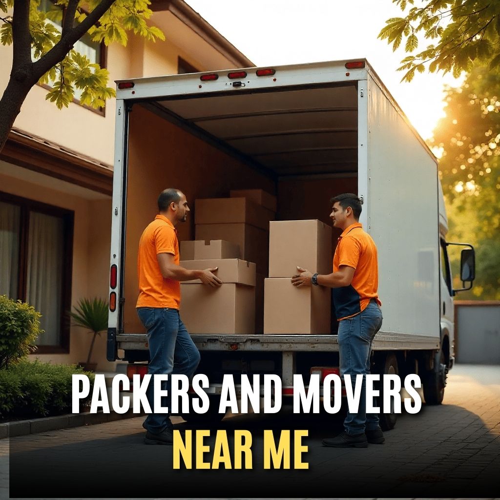 “Professional packers and movers near me loading cardboard boxes into a moving truck outside a modern house, reliable relocation services in Kolkata.”