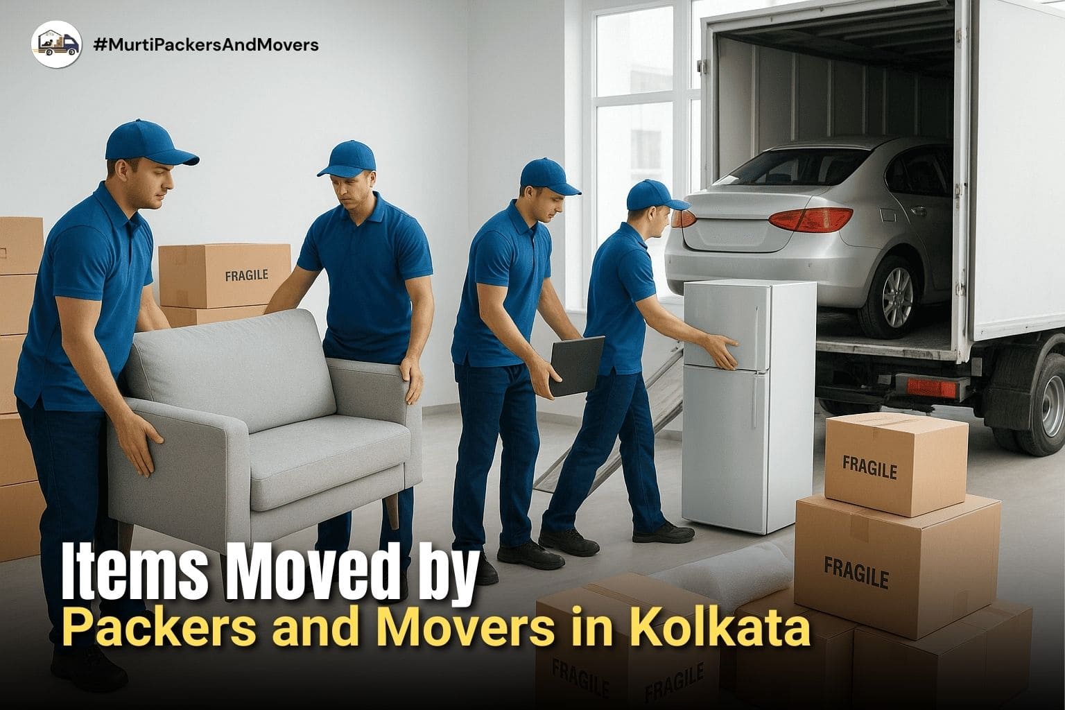 ChatGPT said:

Professional movers handling furniture, electronics, appliances, and a car with labeled boxes, illustrating items moved by packers and movers in Kolkata.