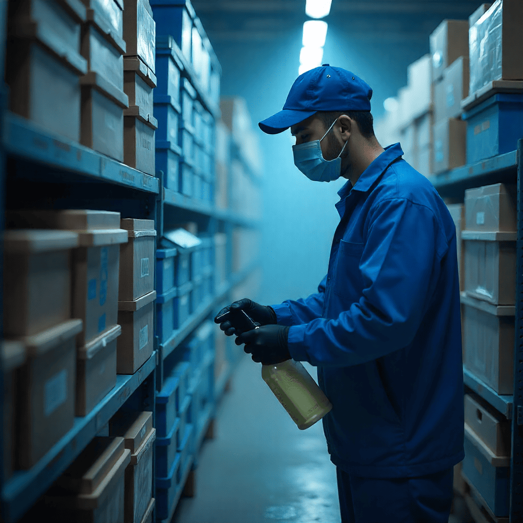 Mover in blue uniform wearing mask and gloves sanitizing boxes and truck interior for hygienic and safe relocation.