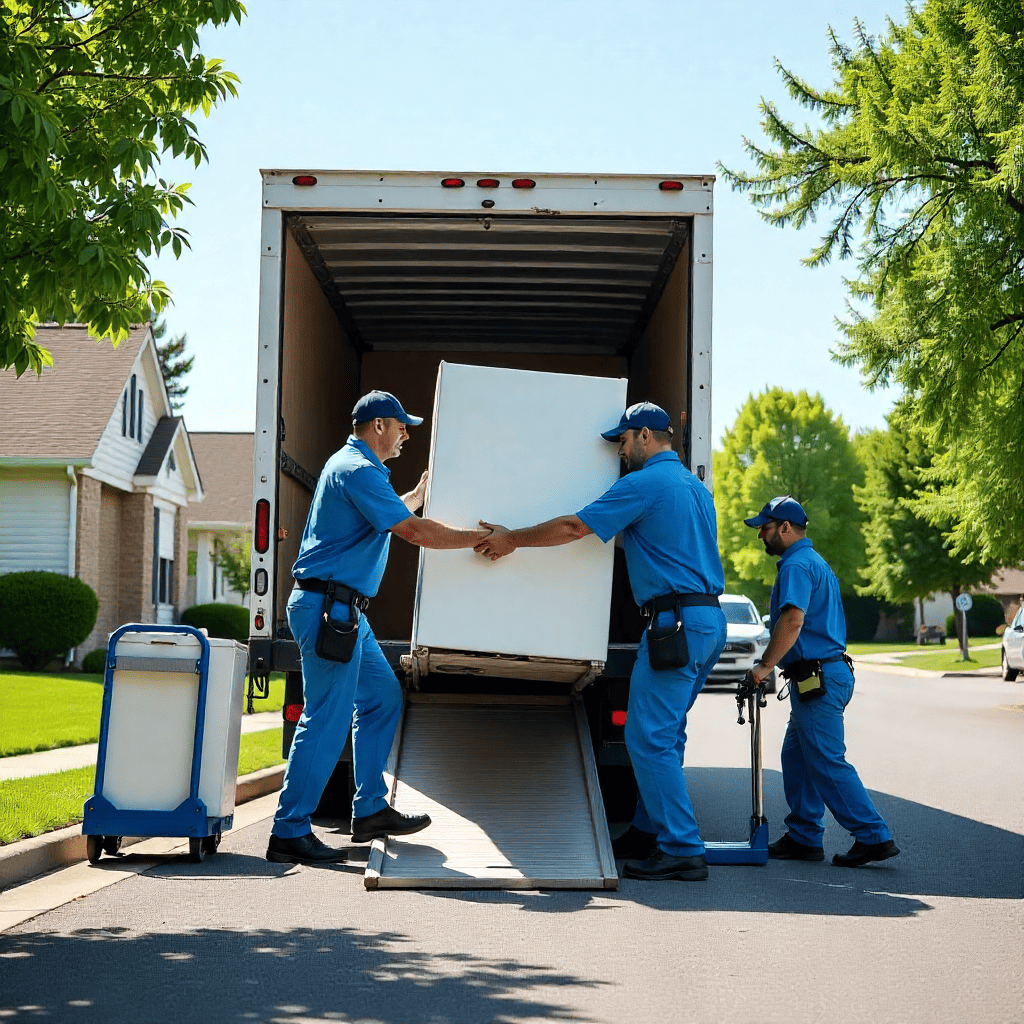 Movers in blue uniform using hydraulic lifts, trolleys, and safety belts to carefully load heavy appliances into a moving truck.