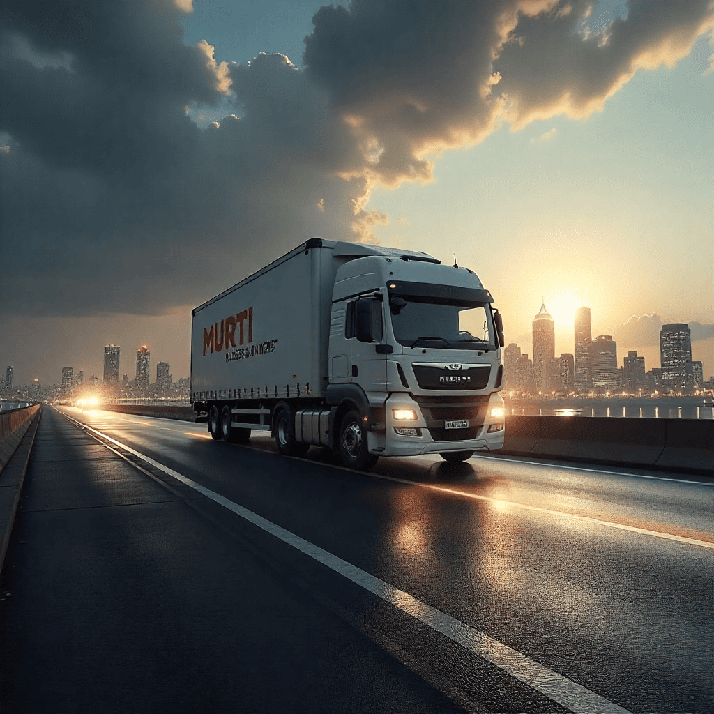 “Murti Packers and Movers truck transporting goods safely on highway at sunset with city skyline in the background.”