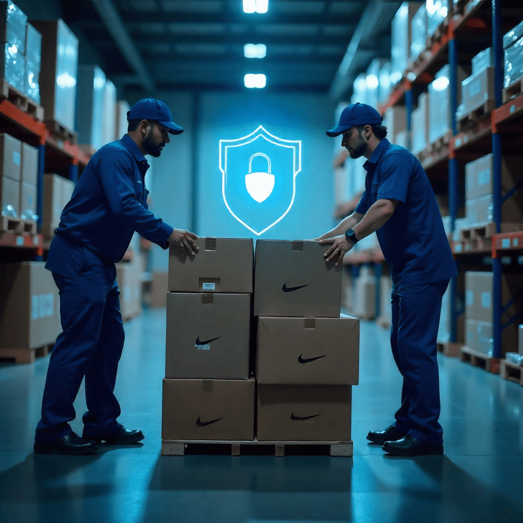 Packers and movers in blue uniform managing boxes with insurance protection symbol, ensuring complete financial security during relocation.