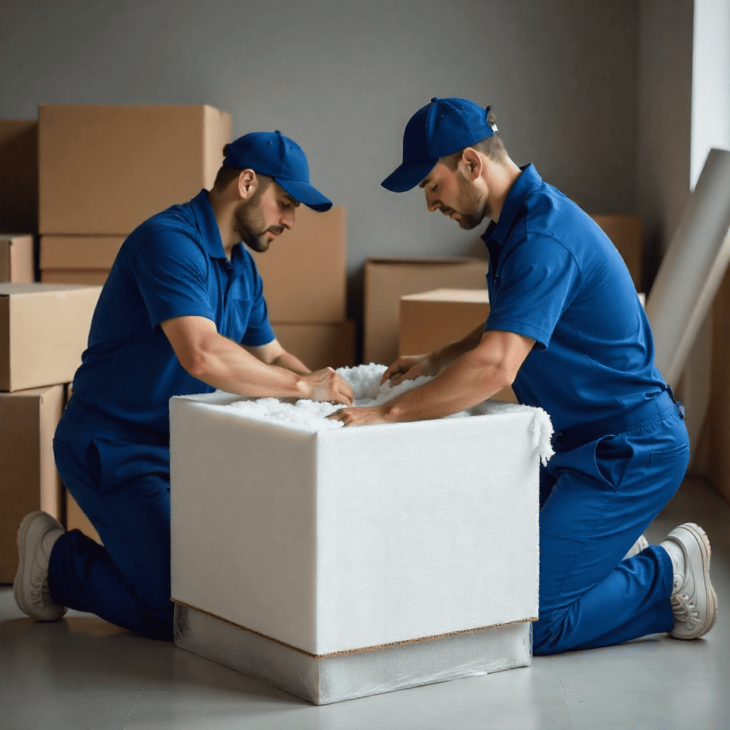 Professional packers and movers in blue uniform packing furniture and fragile items with bubble wrap, corrugated boxes, and foam sheets for safe relocation.