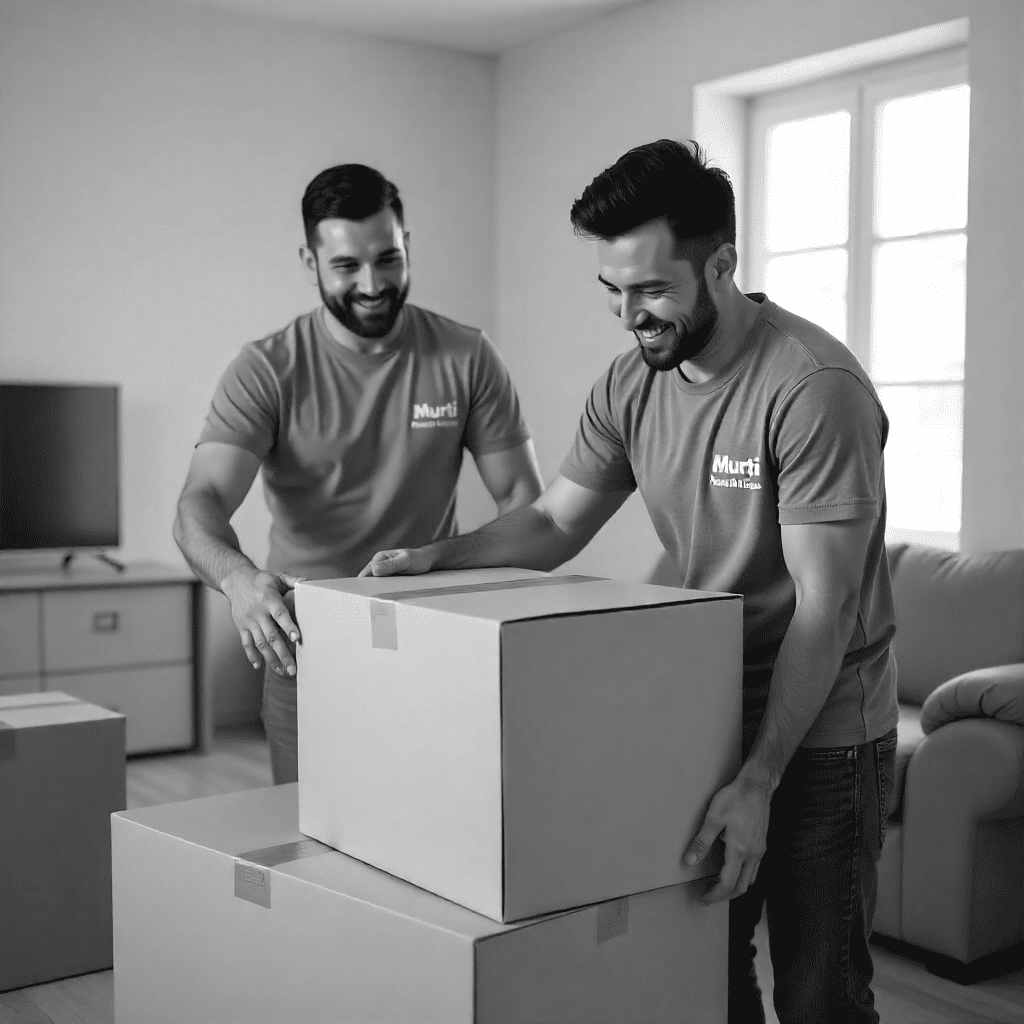 “Professional packers from Murti Packers and Movers in Kolkata carefully handling and lifting cardboard boxes during a home shifting service.”