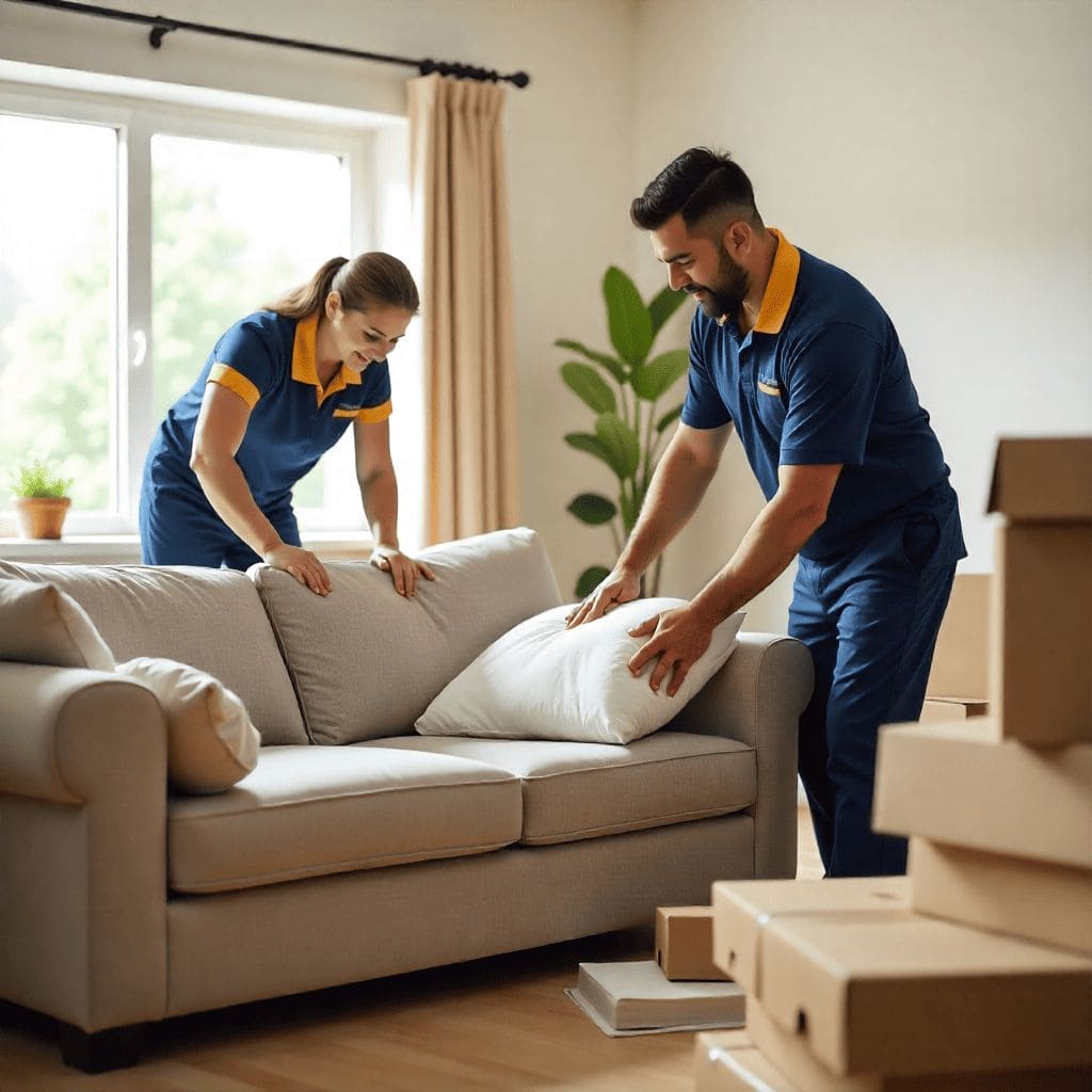 Professional packers and movers arranging a sofa and cushions during a home relocation service.