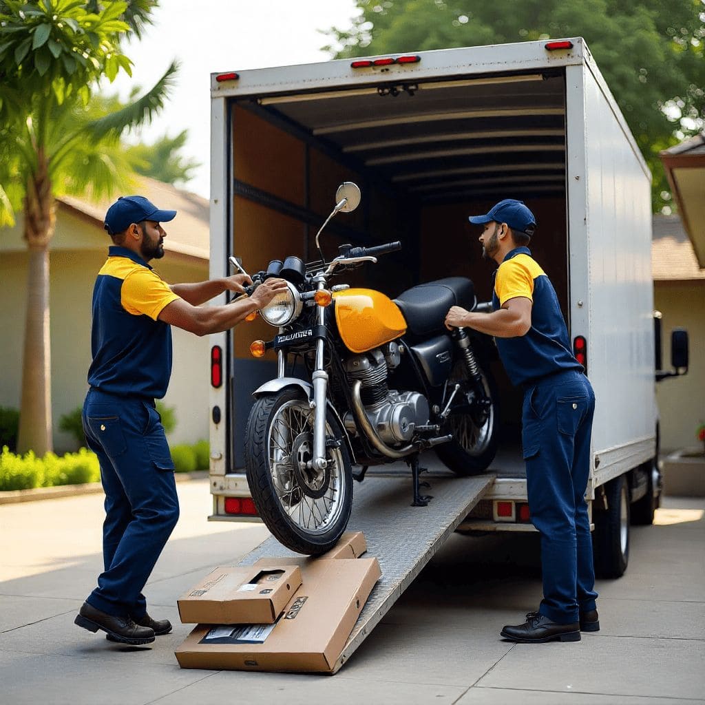 Professional packers and movers carefully loading a motorcycle into a moving truck for safe transportation.