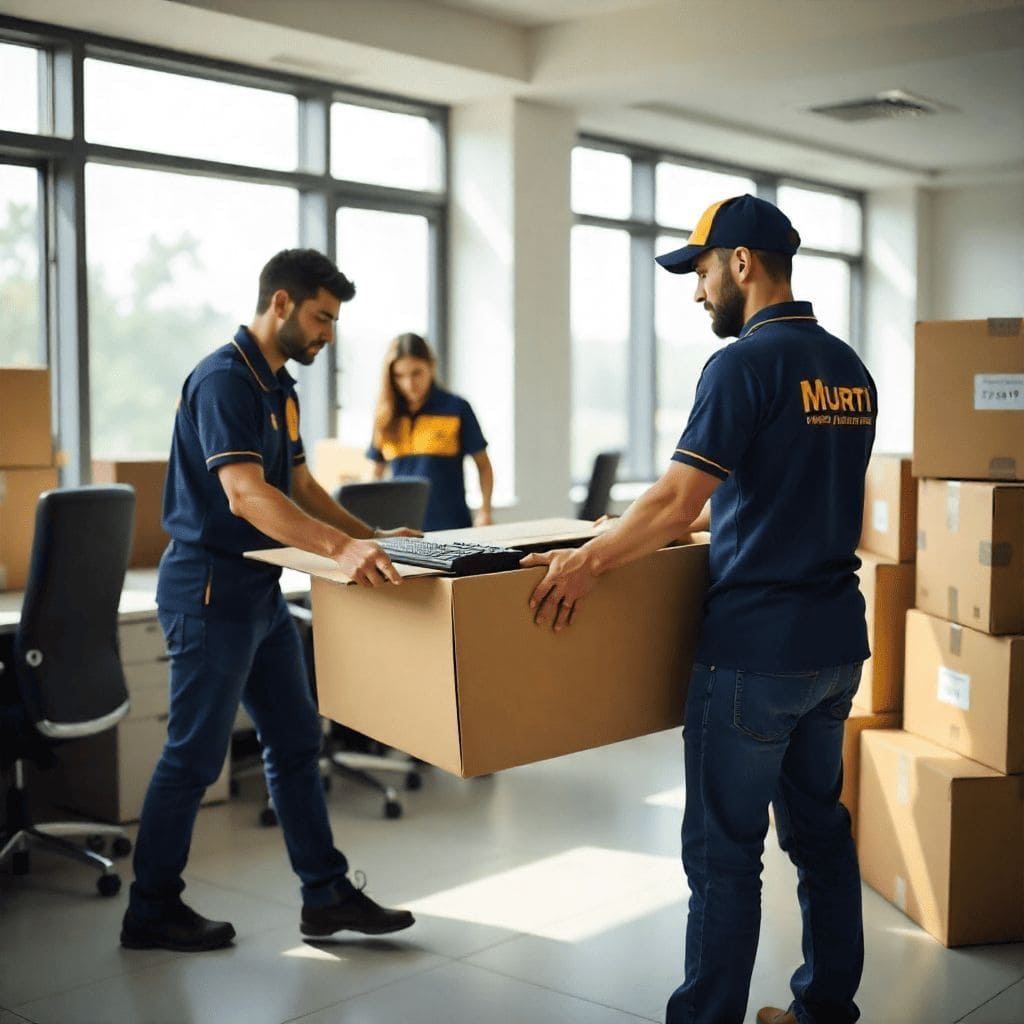 Professional packers and movers team handling boxes during an office relocation with care and efficiency.