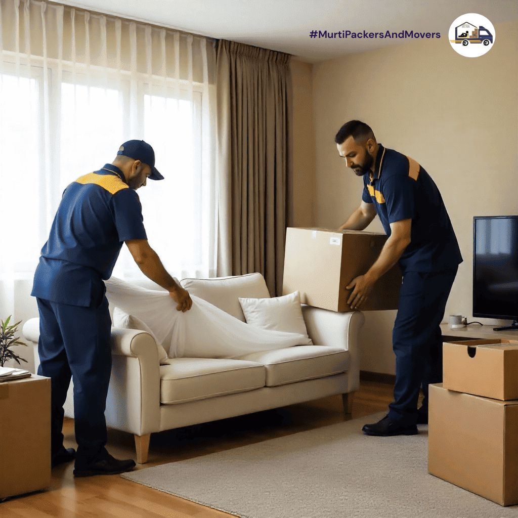 Two professional packers and movers team carefully packing a sofa for home shifting in Patna