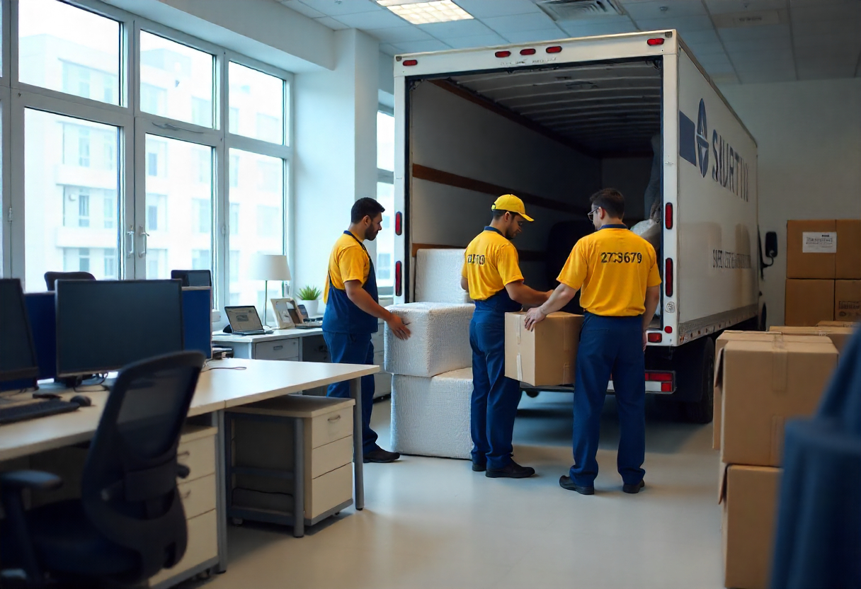 Professional team of Murti Packers and Movers handling office relocation , carefully packing workstations, furniture, and IT equipment into a moving truck.