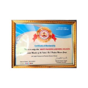 Certificate of Membership for Murti Packers and Movers from India’s No.1 Packers Movers Group, 2021