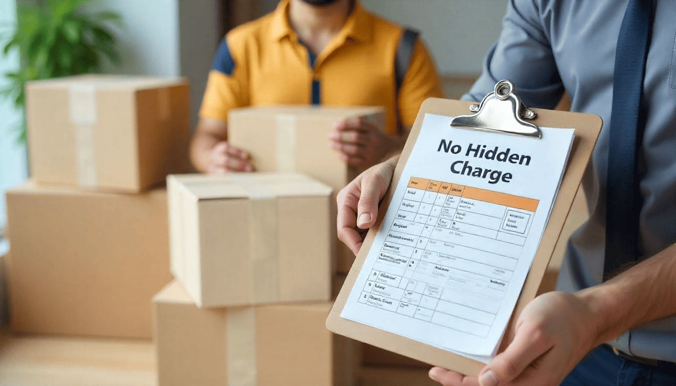 Close view of moving boxes, price checklist with rupee sign, and No Hidden Charges stamp representing transparent packers and movers in Kolkata price.