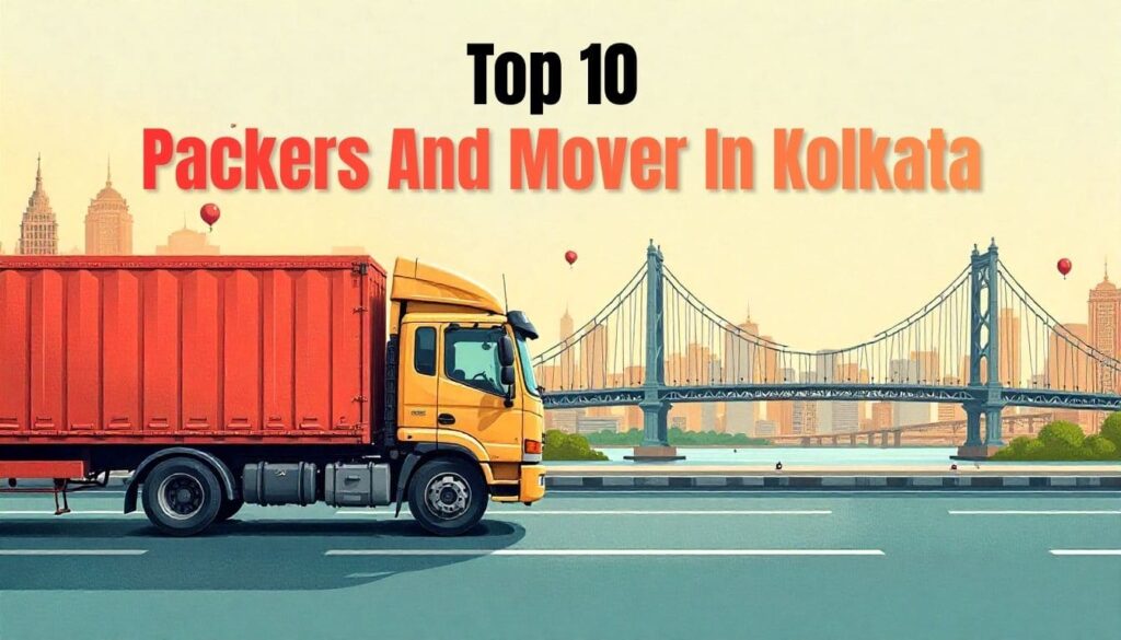 Yellow and red moving truck driving on a highway with a bridge and city skyline in the background – Top 10 Packers and Movers in Kolkata banner
