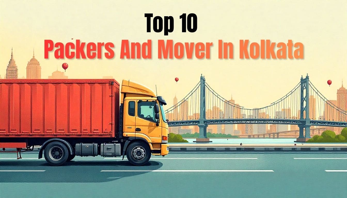 Yellow and red moving truck driving on a highway with a bridge and city skyline in the background – Top 10 Packers and Movers in Kolkata banner