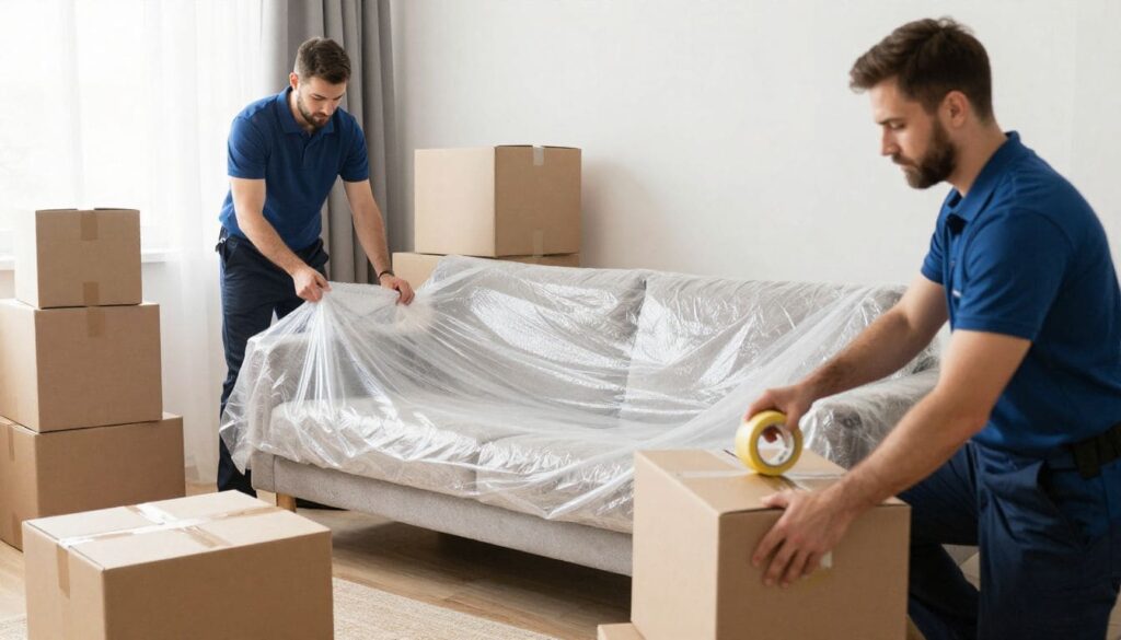 Professional movers packing a sofa and boxes for home shifting – best packers and movers in Kolkata, Murti Packers & Movers.