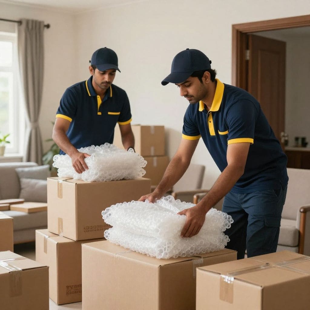 Packers and movers in Faridabad carefully packing household items with bubble wrap and cartons inside an Indian home