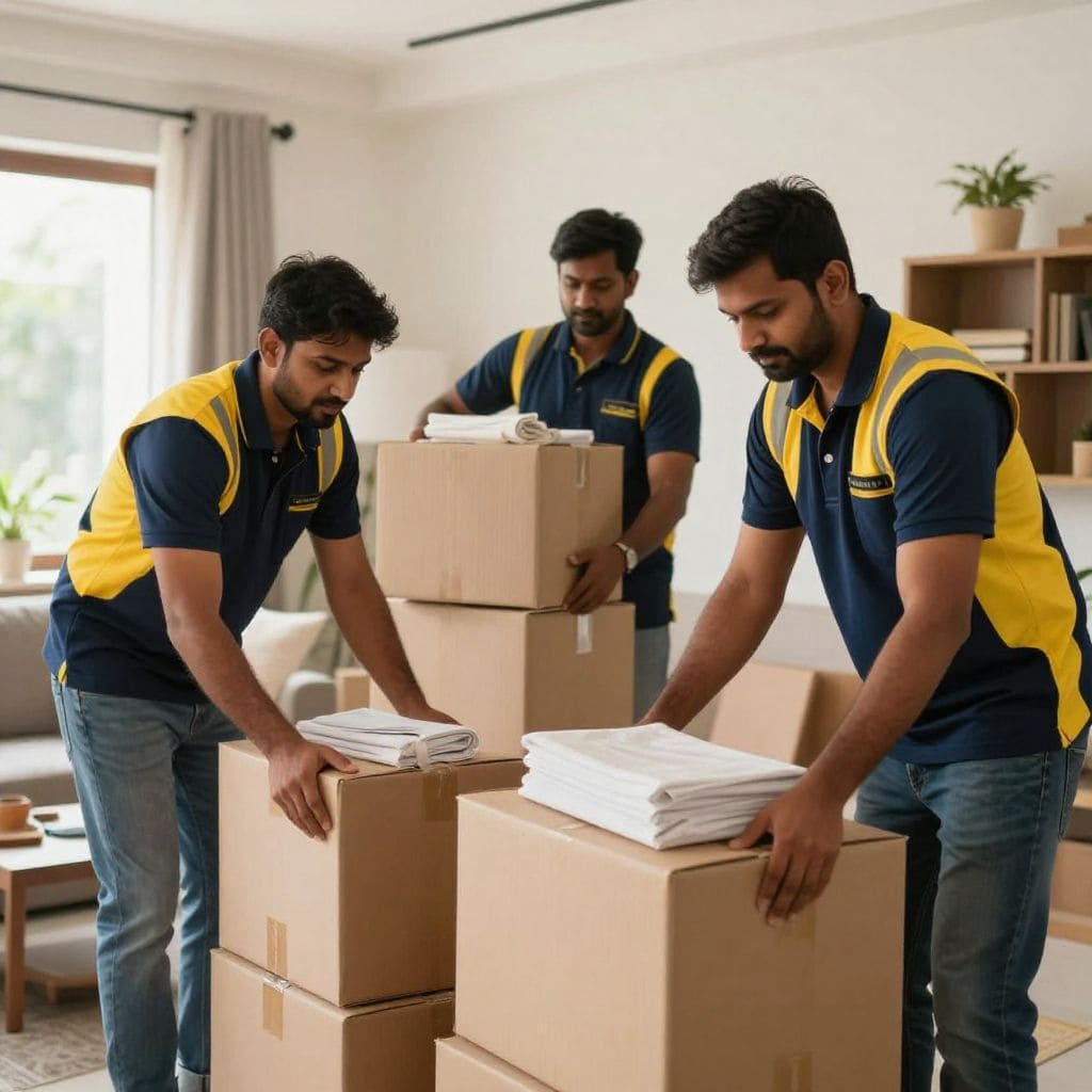Indian packers and movers in dark blue and yellow uniform packing household items safely in Ghaziabad home – Packers and Movers in Ghaziabad
