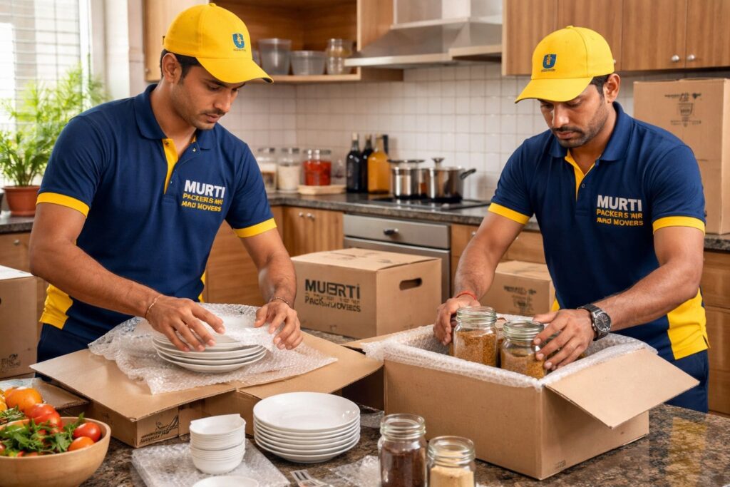 Packers and Movers in Hyderabad packing kitchen items safely using bubble wrap and cartons by Murti Packers and Movers