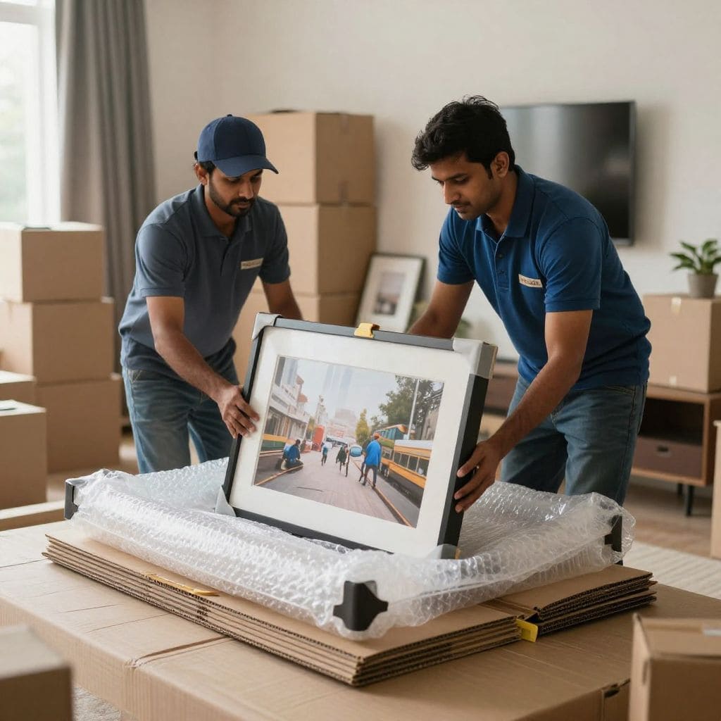 Professional glass frame packing by packers and movers in Indore using bubble wrap and safety materials