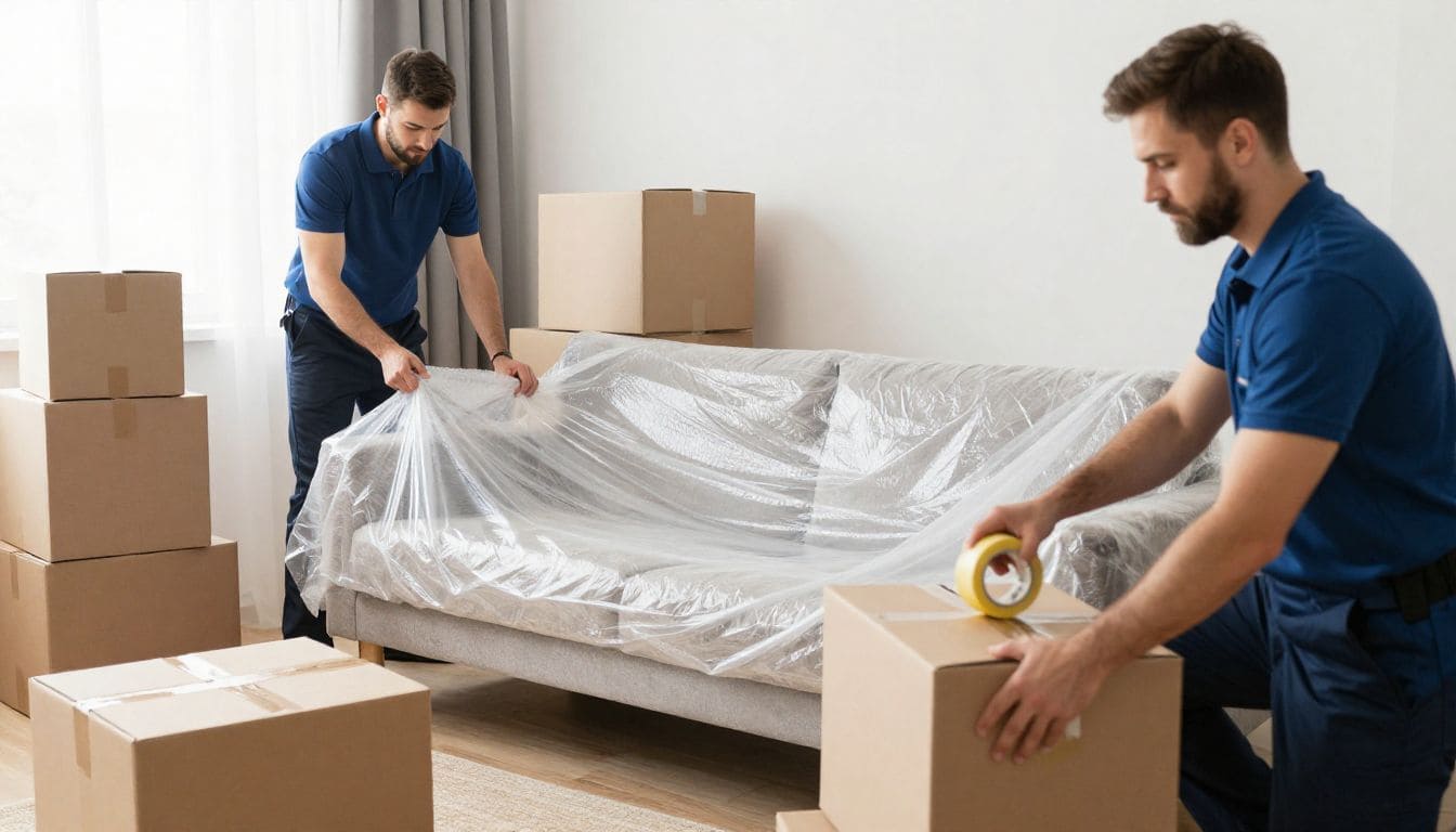 Professional packers and movers in Newtown carefully packing a sofa with protective wrapping for safe household shifting