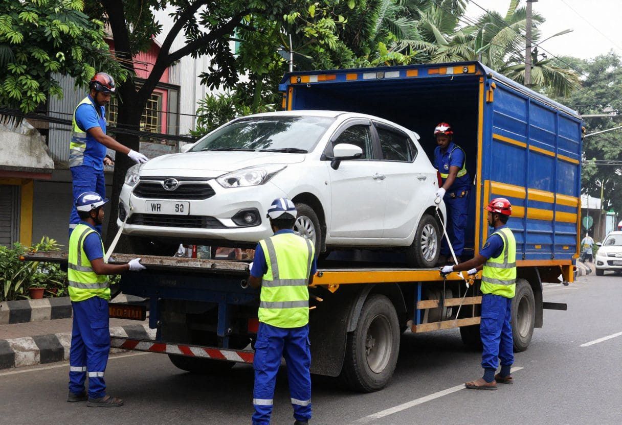 Professional team loading a car safely on a carrier truck for Car Transport in Noida by Murti Packers and Movers.