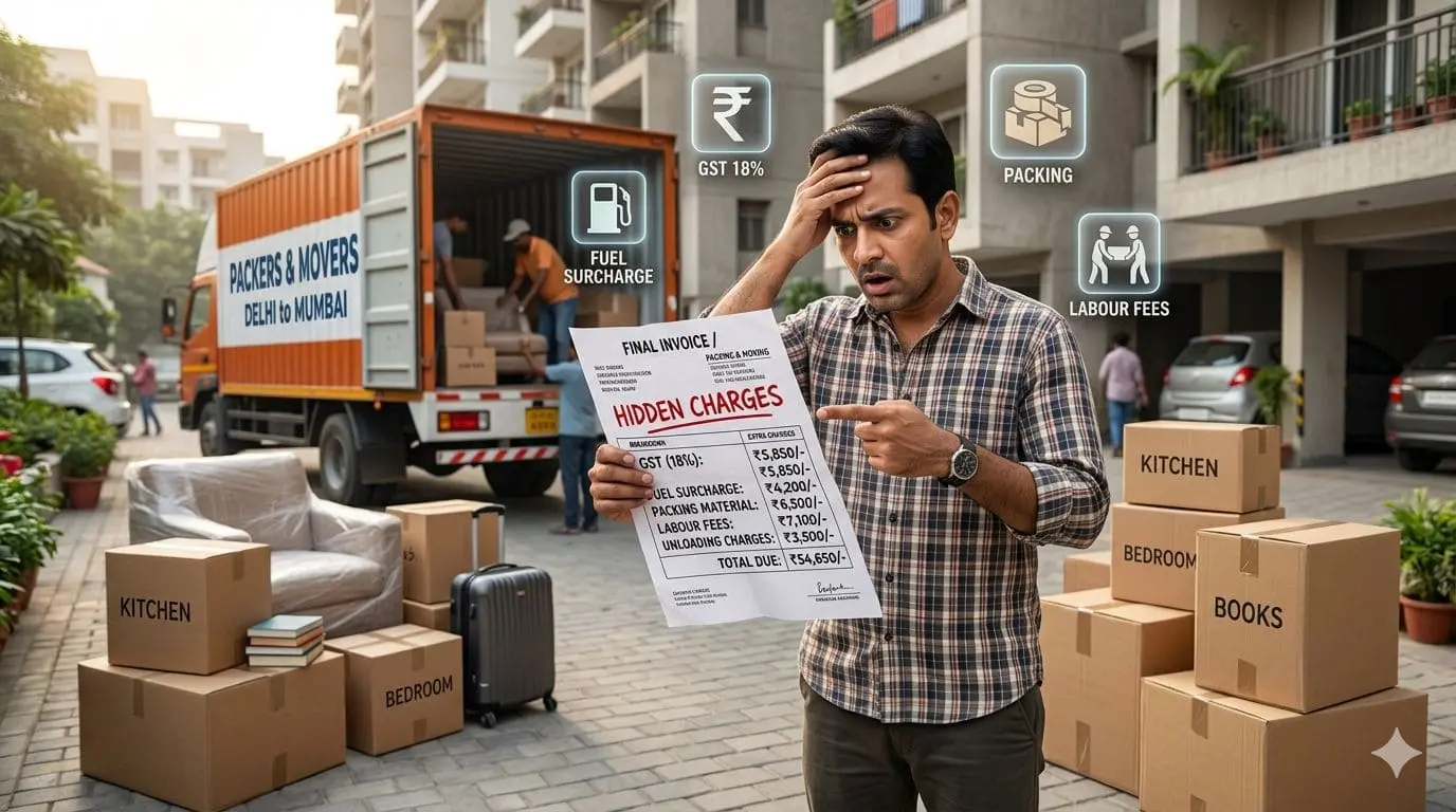 Hidden charges of packers and movers in Kolkata showing customer checking high final bill with extra costs