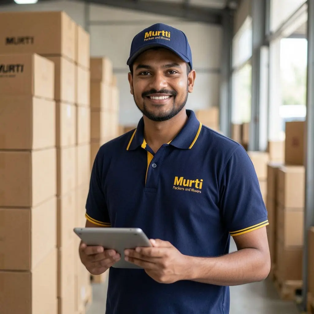 Professional mover from Murti Packers and Movers holding a tablet in a warehouse with packed boxes, representing movers and packers in Noida