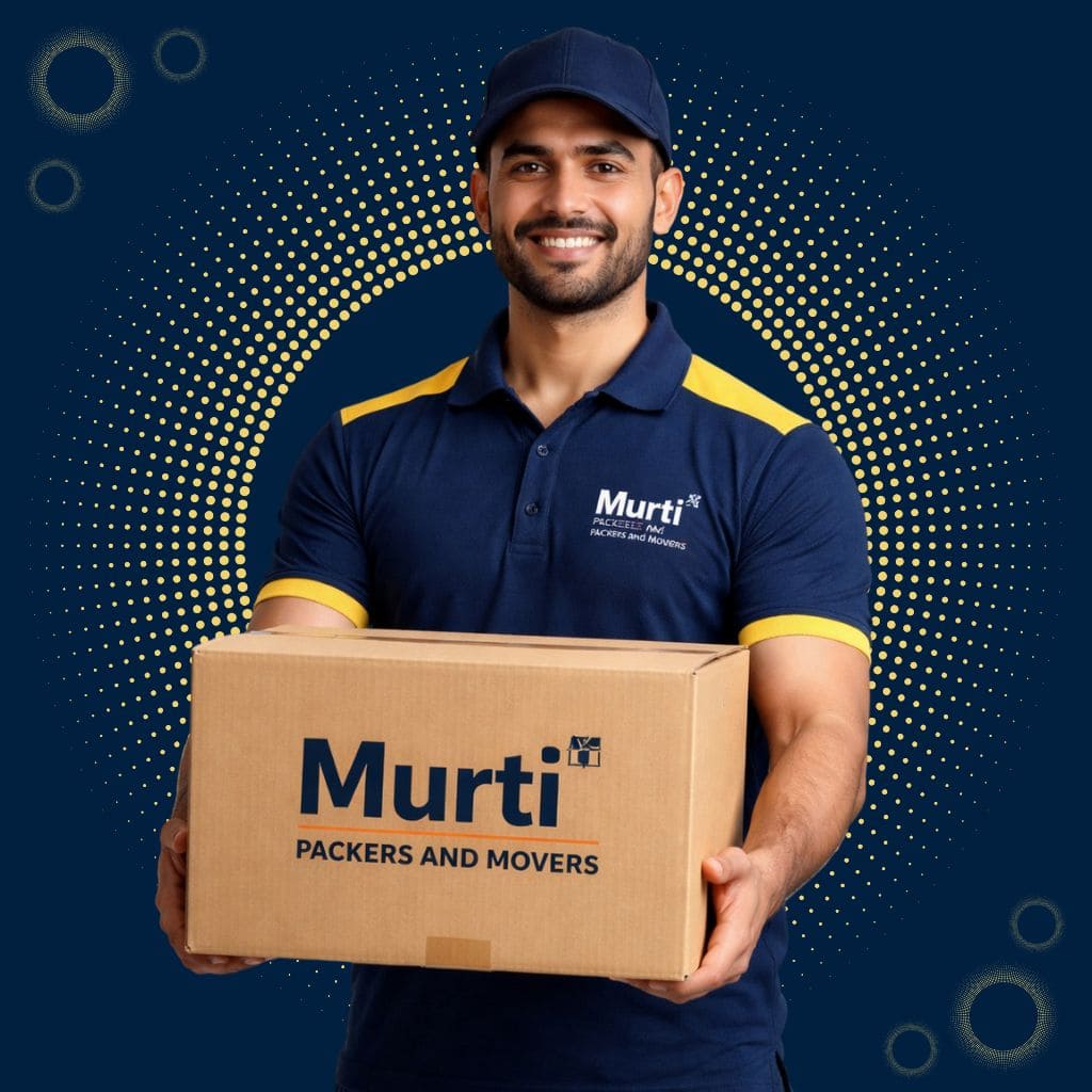 Professional worker from packers and movers Noida holding a packed box for safe home shifting and relocation services