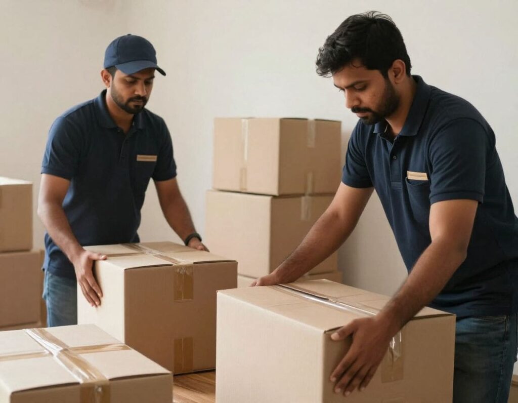 IBA Approved Packers and Movers in Noida carefully packing cardboard boxes during home shifting