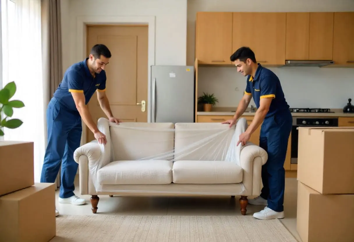 Professional home shifting service in Siliguri with two movers carefully packing and lifting a sofa inside a modern apartment