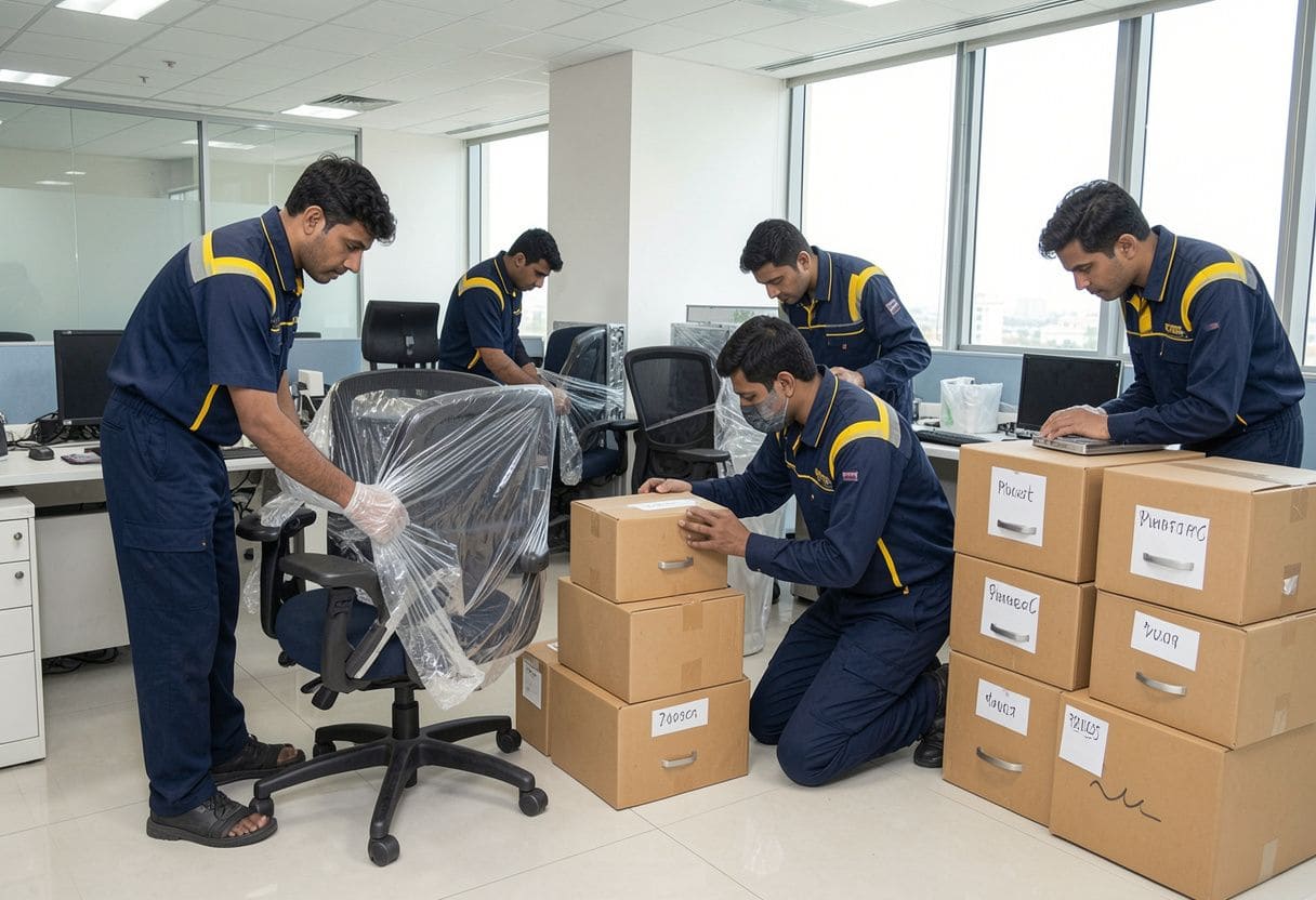 Office shifting service in Haldia with professional movers packing office furniture, wrapping chairs, and organizing labeled boxes inside a modern office space