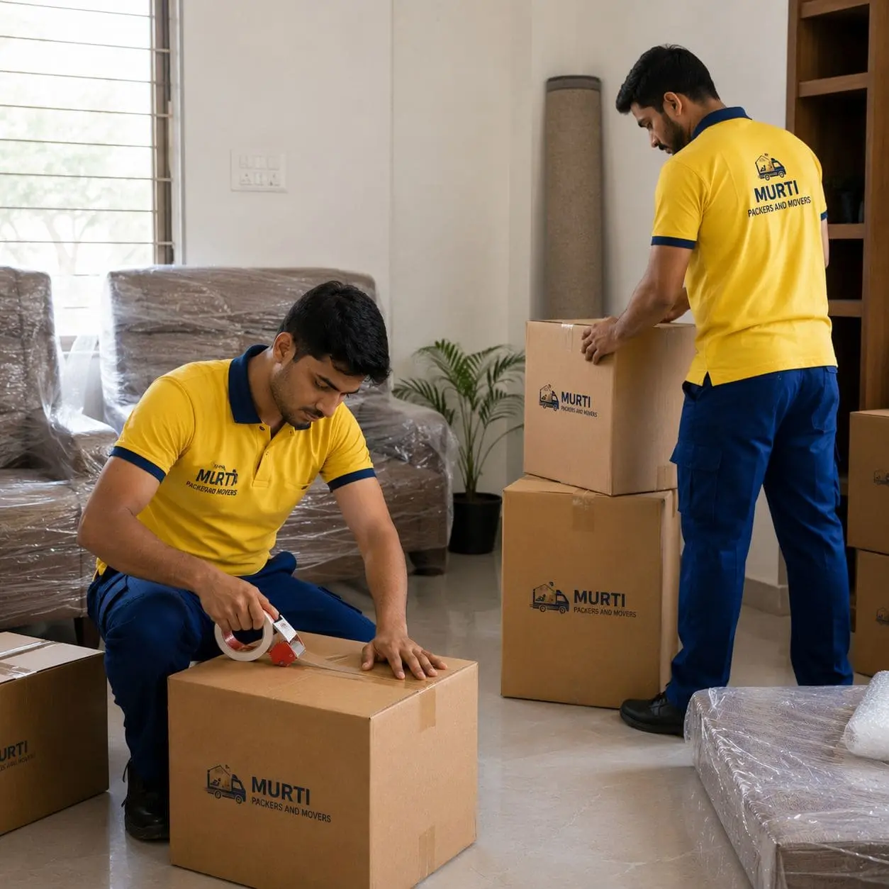 Professional packers and movers in Singur packing household boxes safely during home shifting services