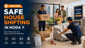 Professional packers and movers providing tips for safe house shifting in Noida with family relocation, secure packing, and moving services