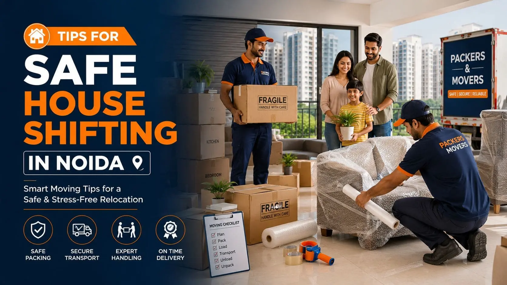 Professional packers and movers providing Tips for safe house shifting in Noida with family relocation, secure packing, and moving services