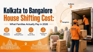 Kolkata to Bangalore house shifting cost guide showing professional packers and movers loading household goods for intercity relocation from Kolkata to Bangalore