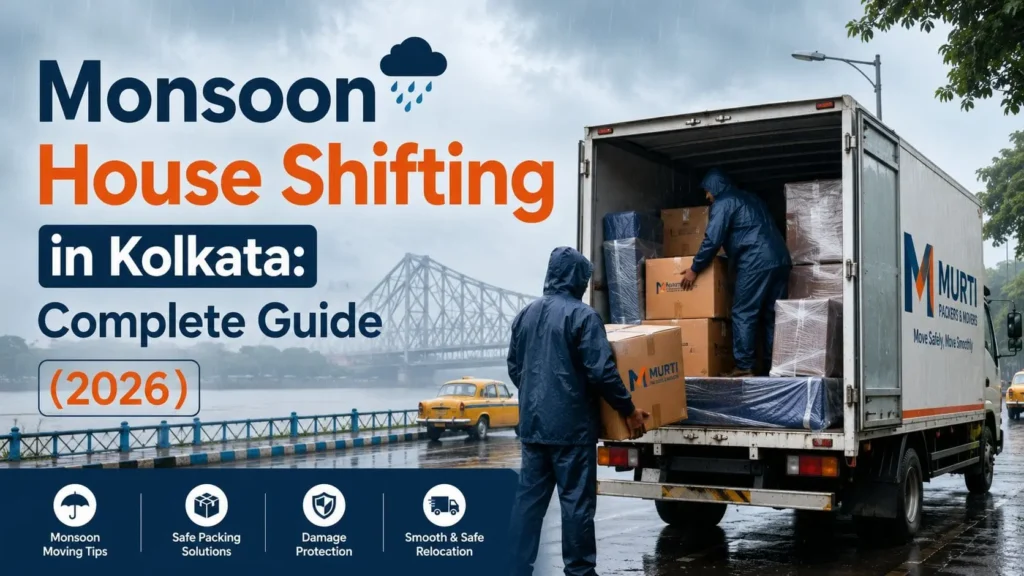 Professional movers loading waterproof packed household goods into a moving truck during monsoon house shifting in Kolkata, showcasing safe relocation practices and rain protection.