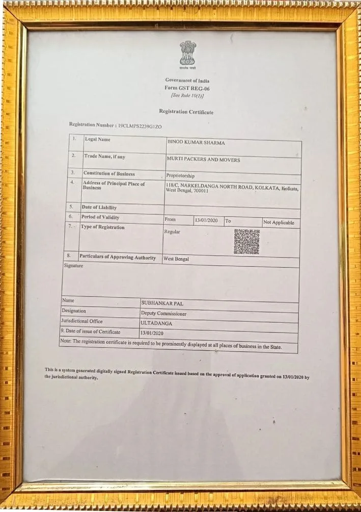 GST Registration Certificate of Murti Packers and Movers in Kolkata