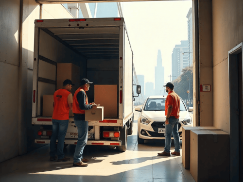 Professional packers and movers in Kolkata loading cardboard boxes into a moving truck, preparing for a relocation for banglore with organized packing and teamwork in a modern city setting.