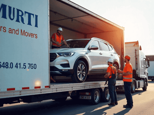 Murti Packers and Movers team loading a car safely into a transport truck for vehicle shifting service