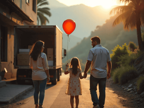 Family walking together after a successful home relocation with Murti Packers and Movers, moving truck in the background at sunset